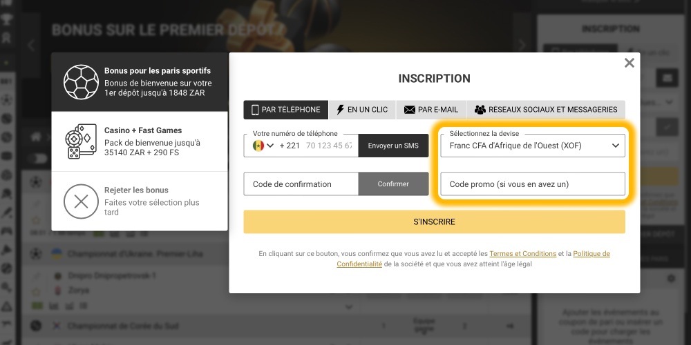 choisissez la devise et entrez le code promotionnel